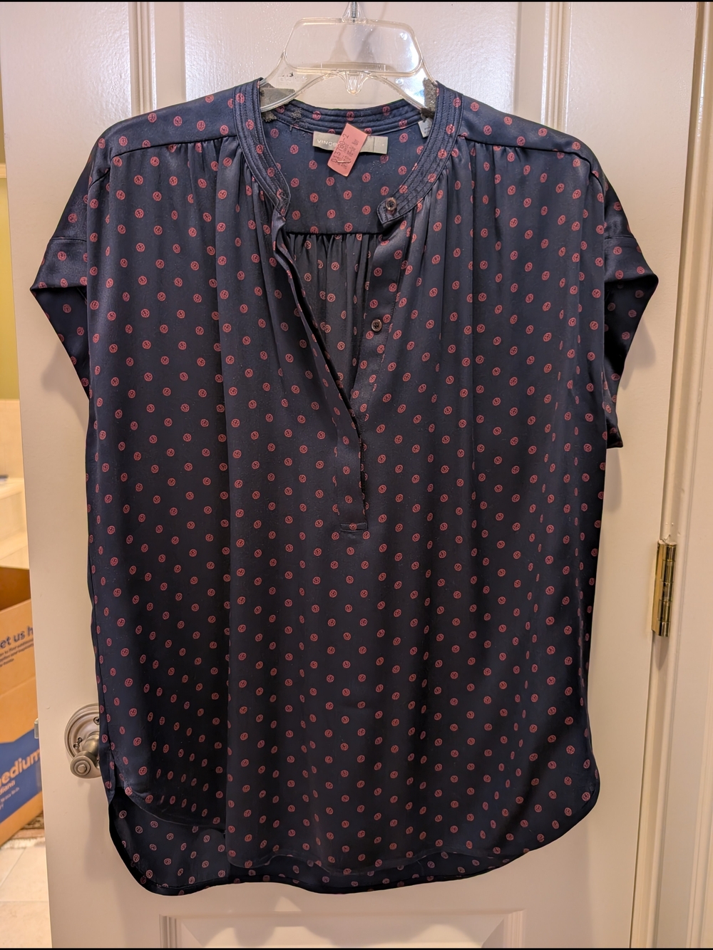 Vince Navy Short Sleeve Blouse with Dot Print